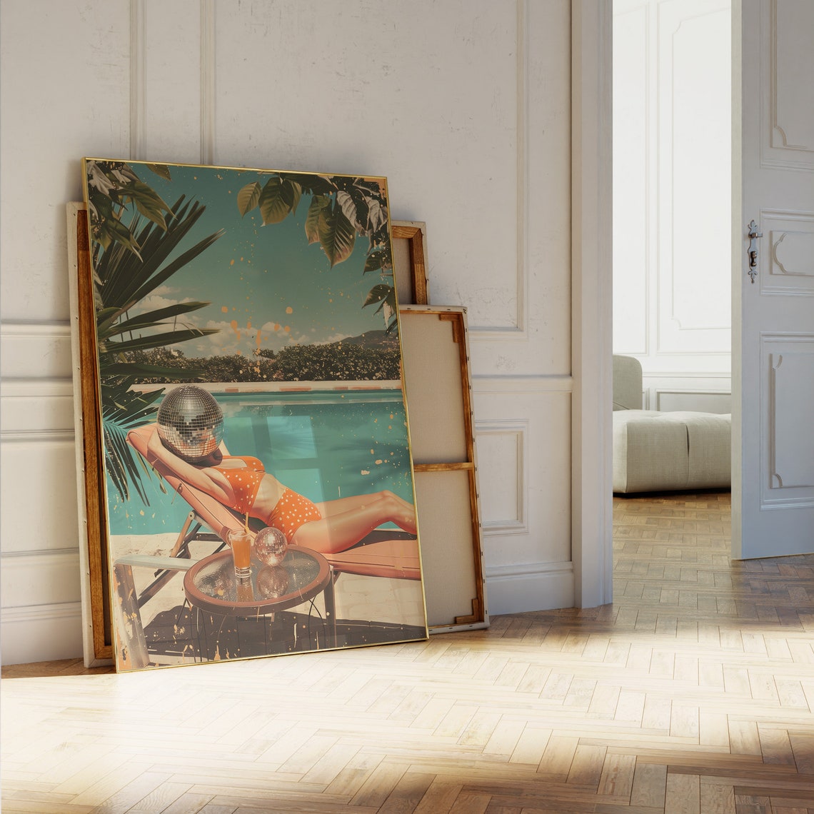 Retro Poolside Woman Disco Ball Face Cocktail Summer Vibes Poster - Image 4