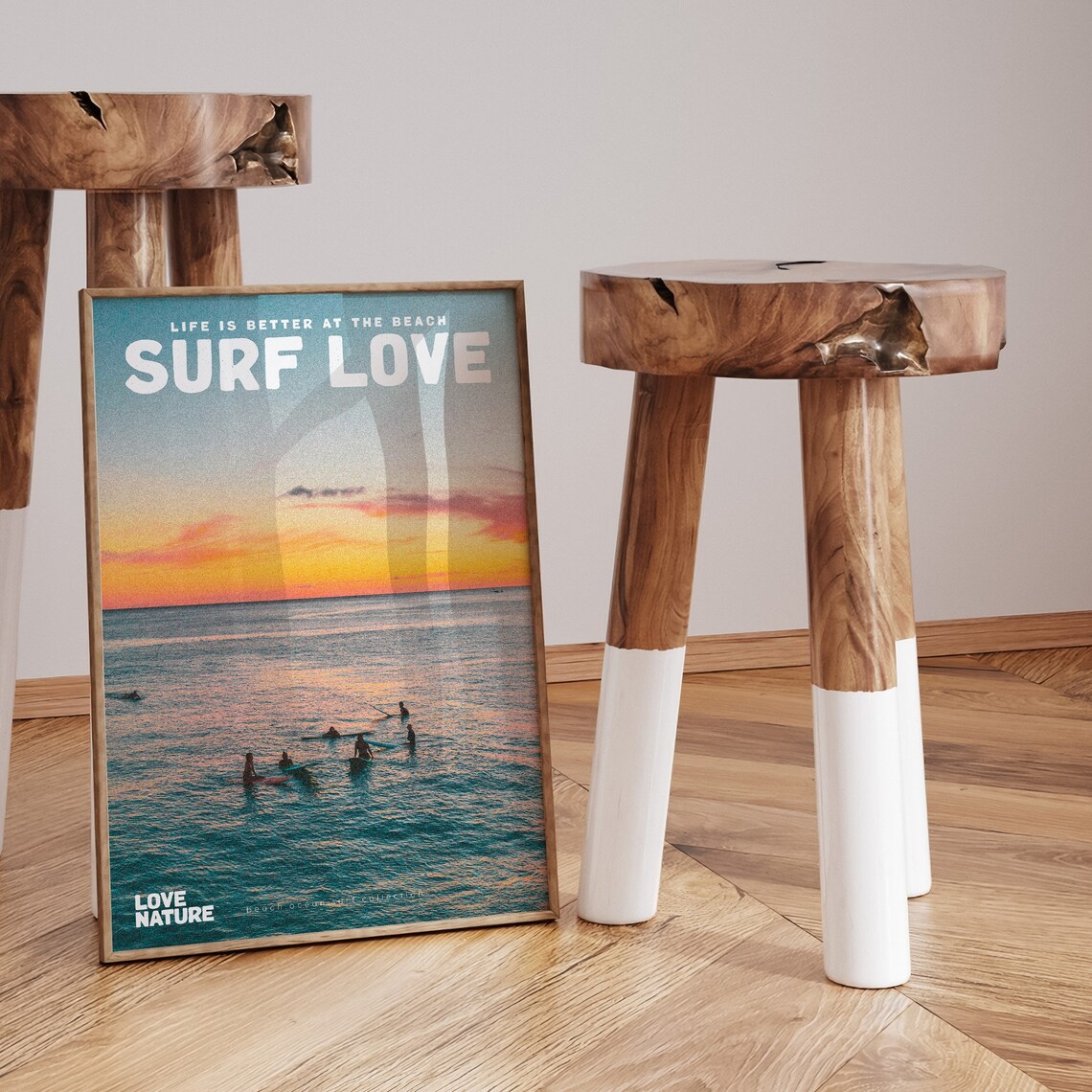 Surf Love Ocean Sunset Silhouetted Surfers Waves Beach Art Poster - Image 3