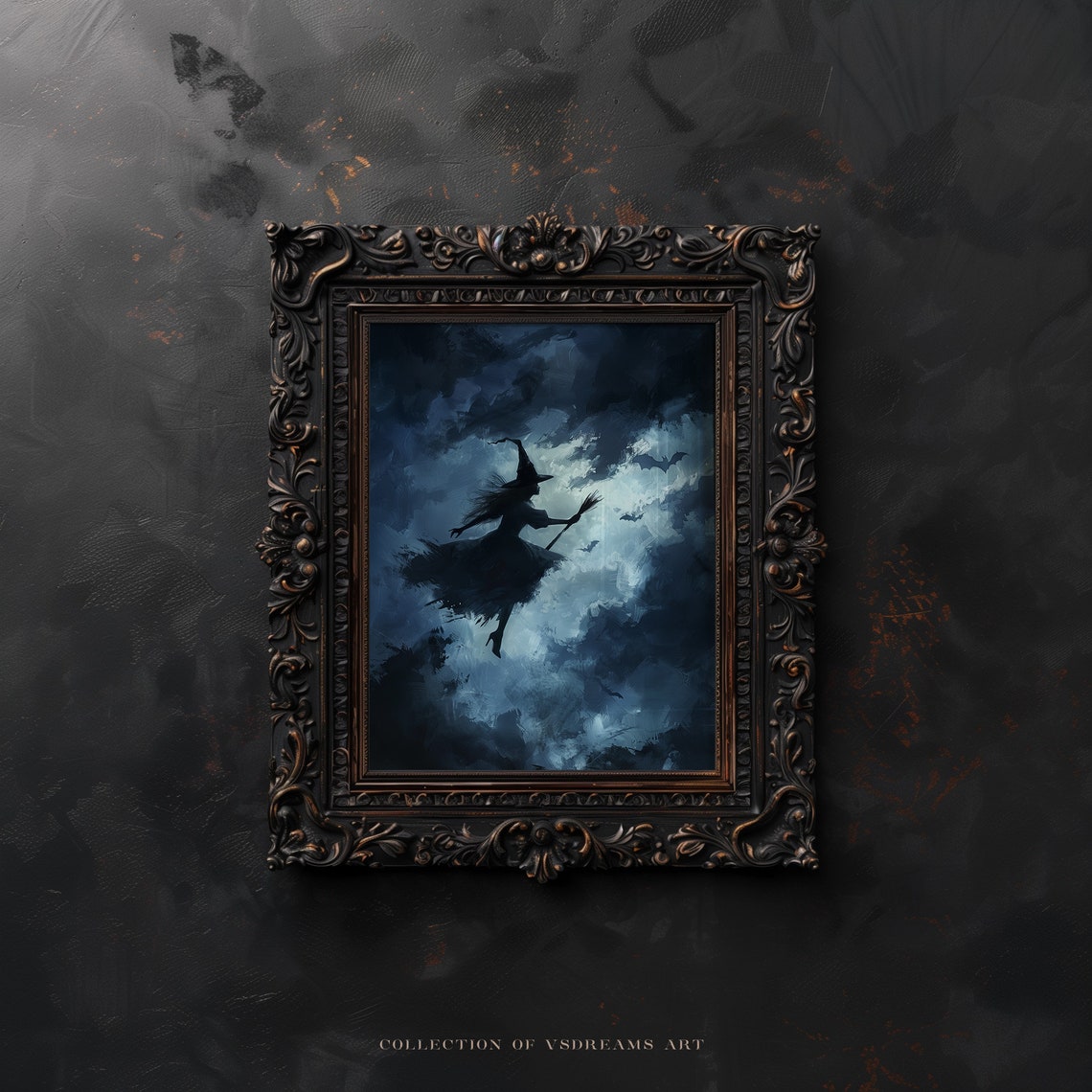 Witch Flying Broom Stormy Clouds Bats Halloween Night Art Poster - Image 5