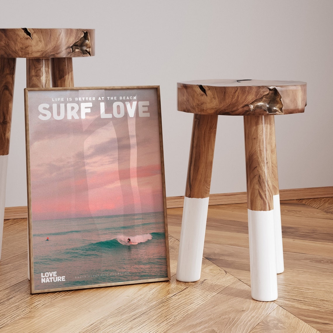 Surf Love Pink Sky Surfer Riding Wave Ocean Sunset Beach Poster - Image 3