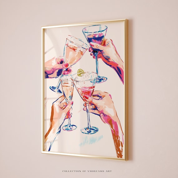 Cheers Cocktail Toast Watercolor Hands Champagne Bar Cart Art Poster