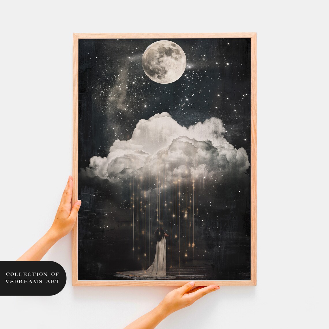 Woman Gazing At Moonlit Cloudy Sky Golden Light Celestial Painting Poster - Image 2