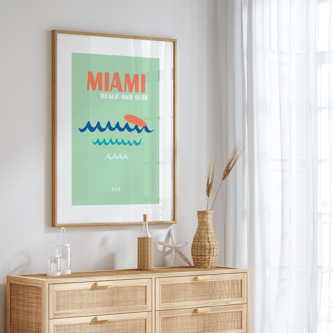 Miami Beach and Surf USA Green Waves Surfboard Retro Beach Art Poster - Image 5