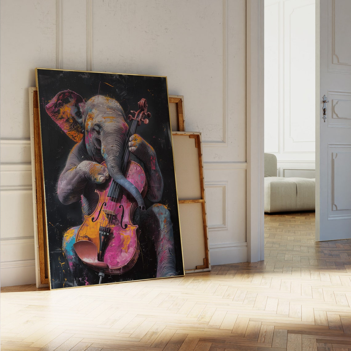 Elephant Playing Colorful Cello Neon Splash Orchestra Music Art Poster - Image 5