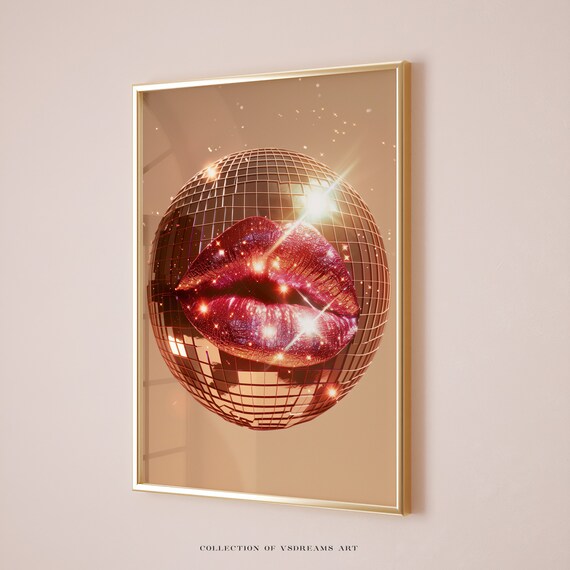 Disco Ball Glitter Red Lips Glam Mirrorball Sparkle Art Poster