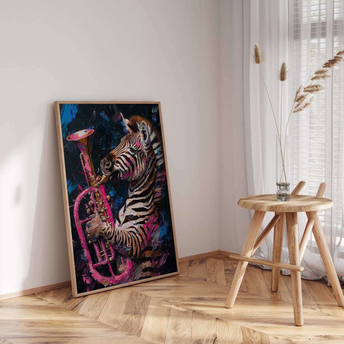 Zebra Playing Pink Trumpet Neon Splash Bold Jazz Music Animal Poster - Image 3