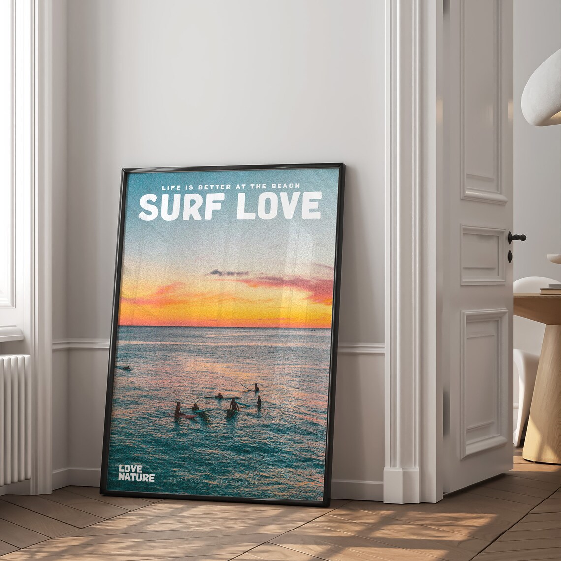 Surf Love Ocean Sunset Silhouetted Surfers Waves Beach Art Poster - Image 2