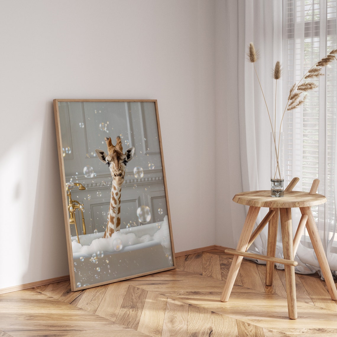 Giraffe Bubble Bath in Color Funny Whimsical Bathroom Poster - Image 3