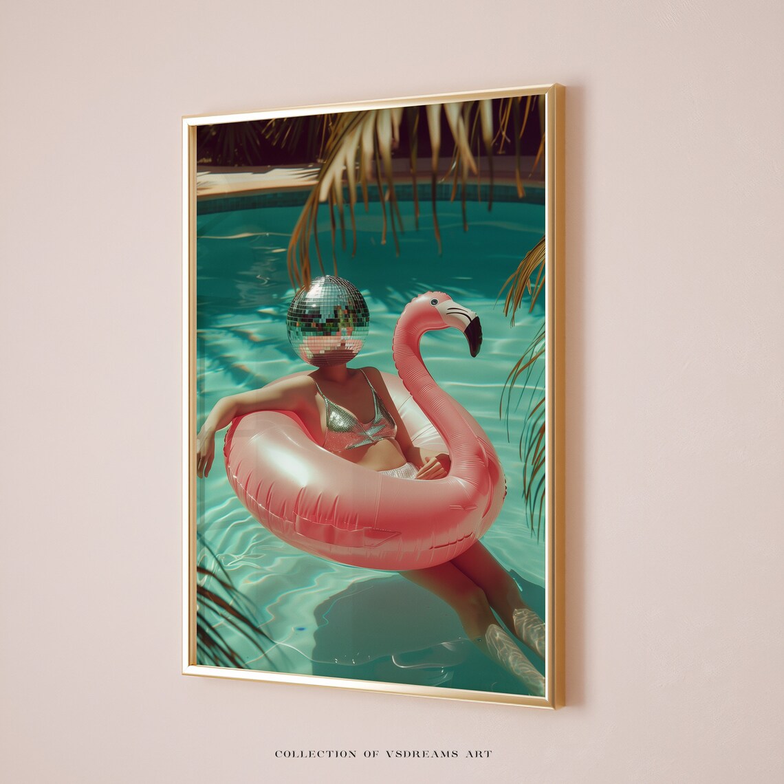 Retro Disco Ball Pool Poster, Flamingo Wall Art