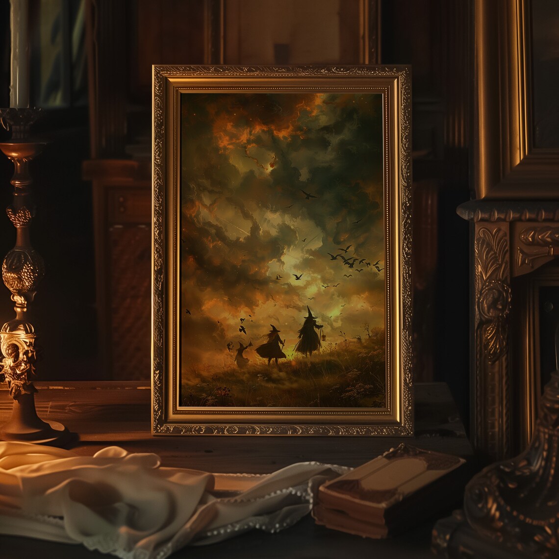 Witches Walking Golden Field Fiery Sky Fantasy Artwork Poster - Image 3