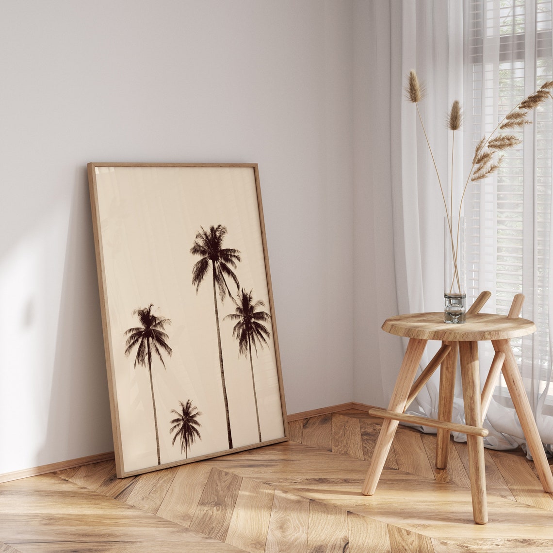 Tall Palm Trees Silhouette Cream Minimalist Tropical Art Poster - Image 3