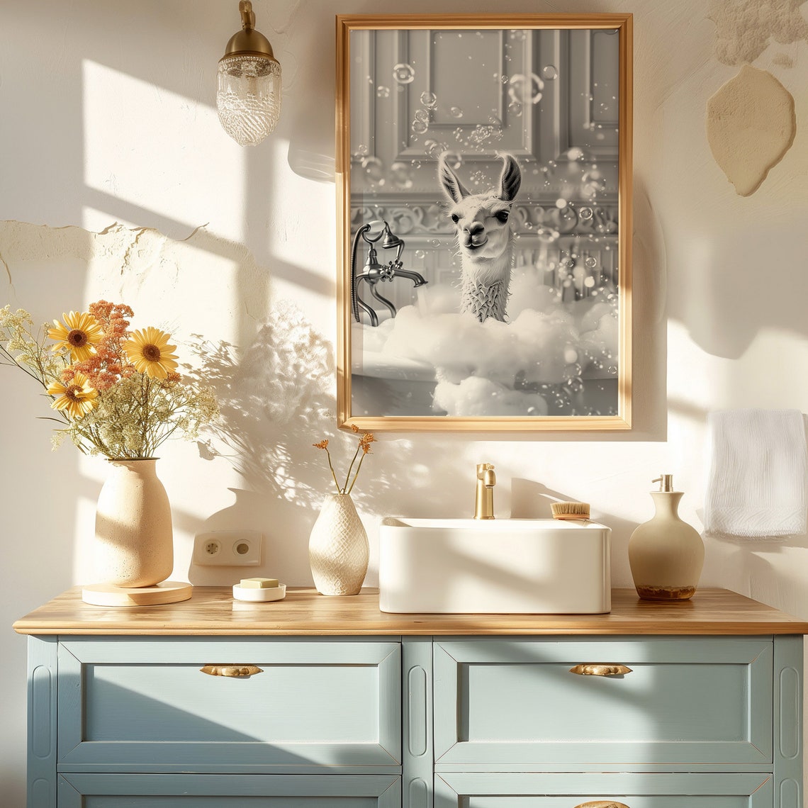 Llama Bubble Bath Black and White Funny Animal Gold Frame Art Poster - Image 4