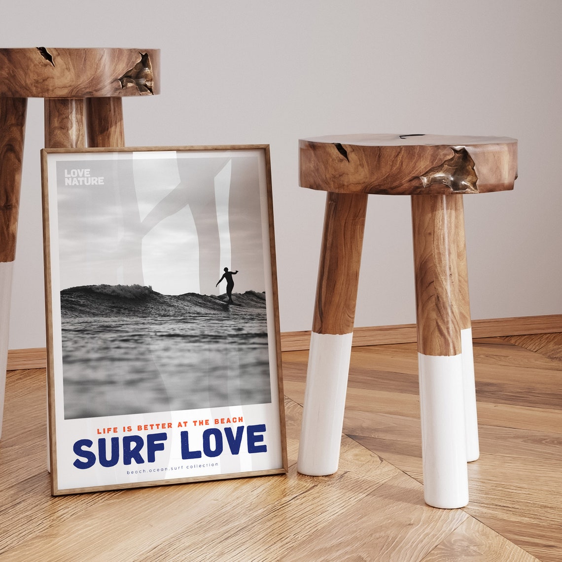 Surf Love Silhouette Surfer Riding Wave Black And White Photo Poster - Image 3