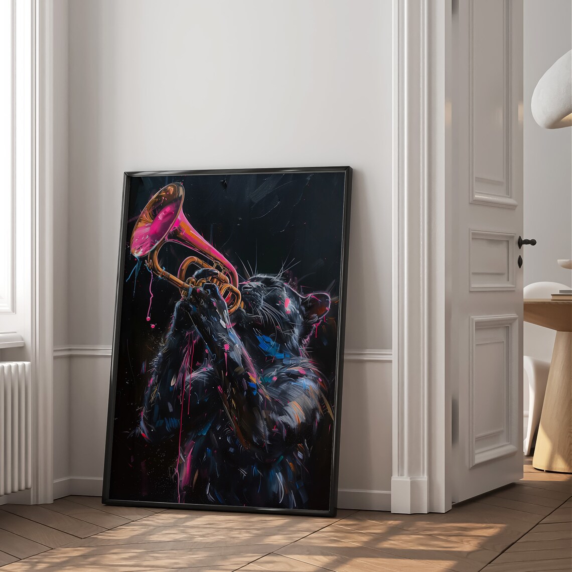 Black Panther Playing Pink Trumpet Neon Splash Jazz Music Animal Poster - Image 2