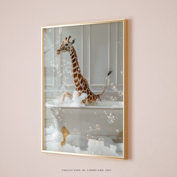 Funny Giraffe Splashing in Colorful Bubble Bath Bathroom Poster