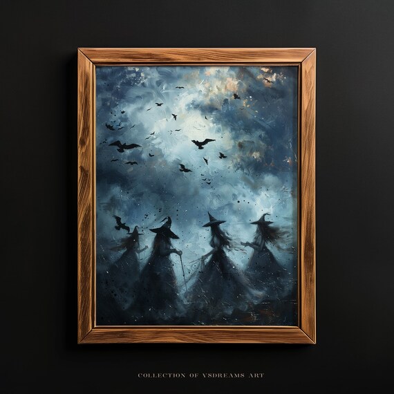 Witch Coven Silhouettes Stormy Night Sky Bats Halloween Poster