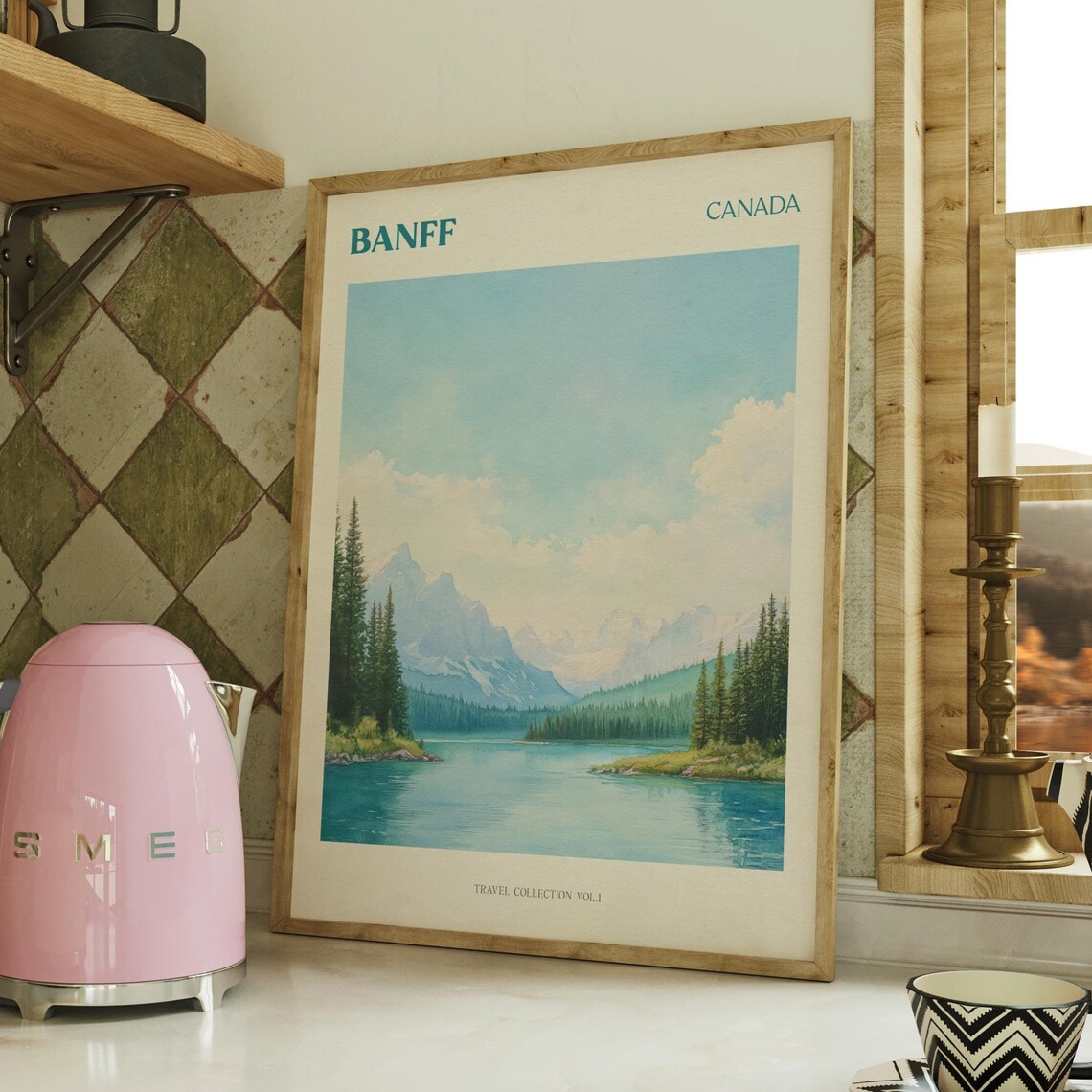 Banff Canada Turquoise Lake Pines Mountain Watercolor Travel Poster