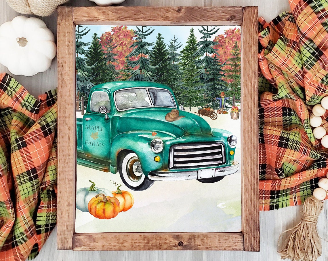Vintage Teal Truck Maple Farms Pumpkins Fall Harvest Wall Art - Image 4