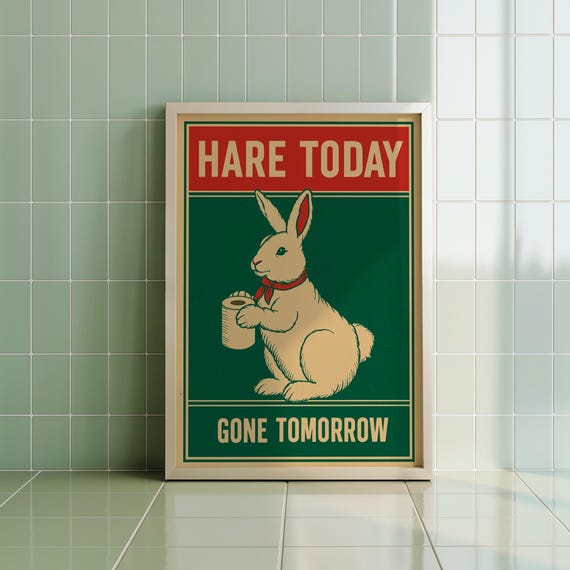 Retro Rabbit Bathroom Art Funny Toilet Humor Vintage Poster Pdf Jpg