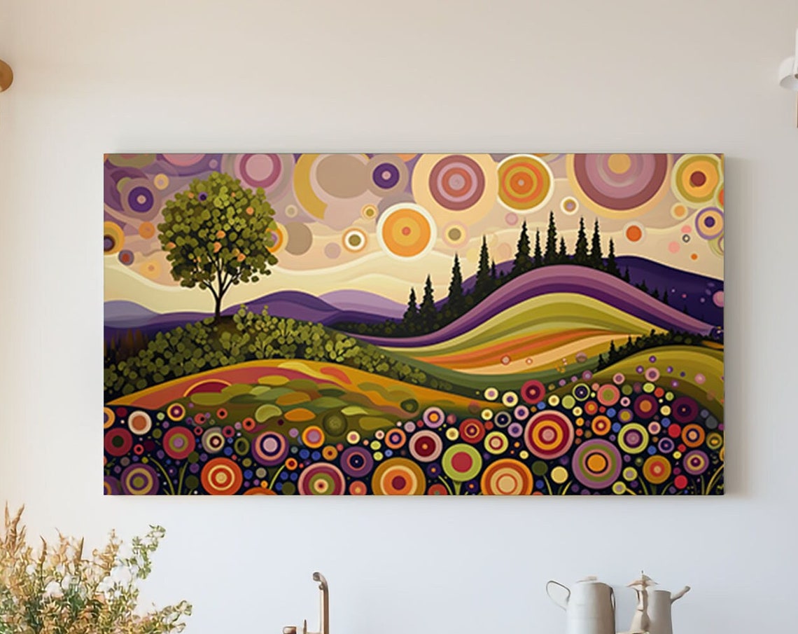 Colorful Abstract Landscape Rolling Hills Sunset Wall Art Decor