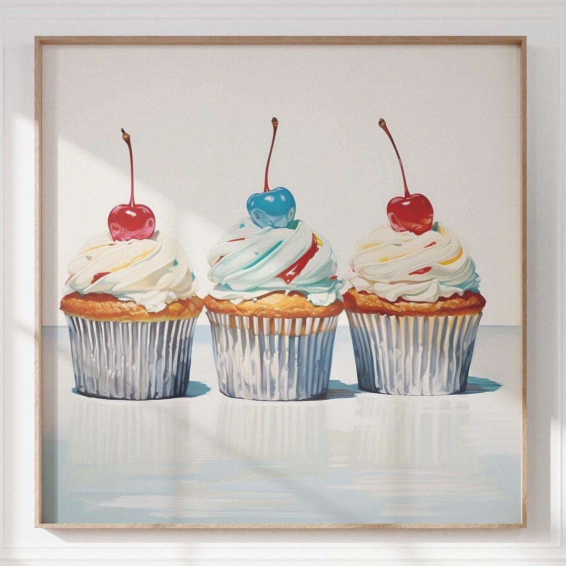 Watercolor Cupcakes With Cherries Soft Pastel Dessert Poster