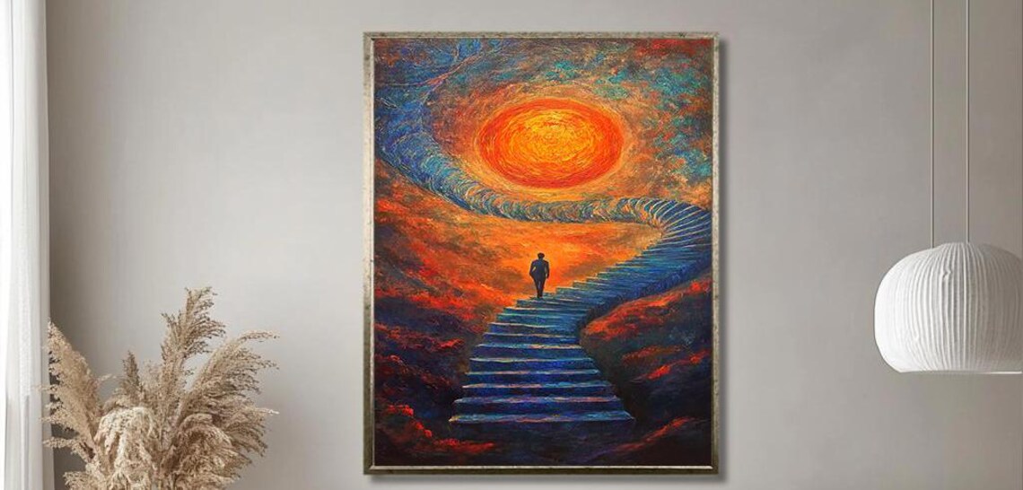 Surreal Stairway Climbing to a Fiery Sun Lone Silhouette Dream Print