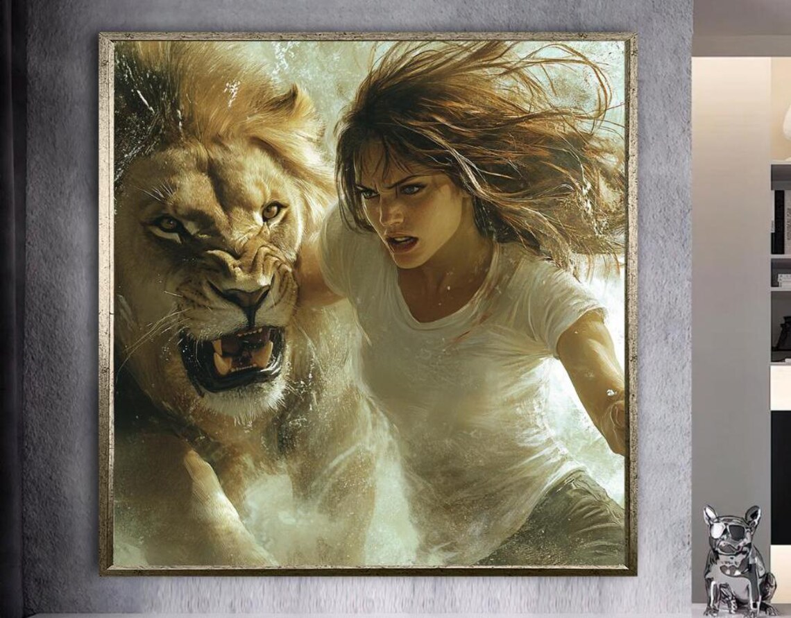Fierce Warrior Woman Charging Beside a Roaring Lion Art Poster