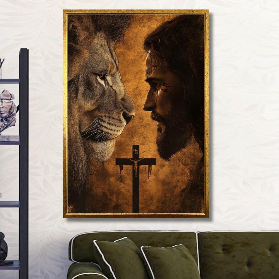 Lion and Jesus Face to Face with Cross Sepia Christian Art Poster - Image 3