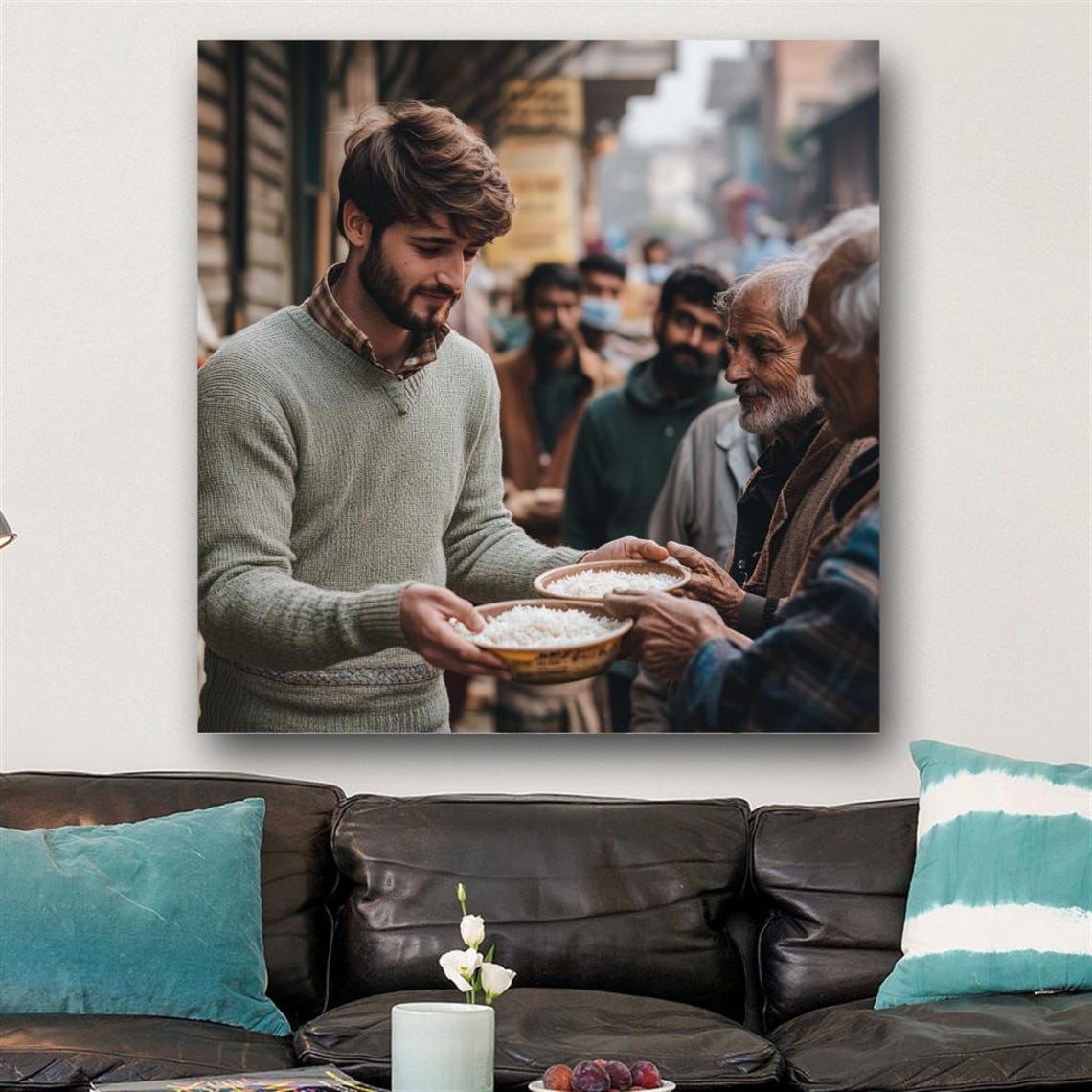 A Young Man Serving Rice Bowls to Elderly Men Charity Poster