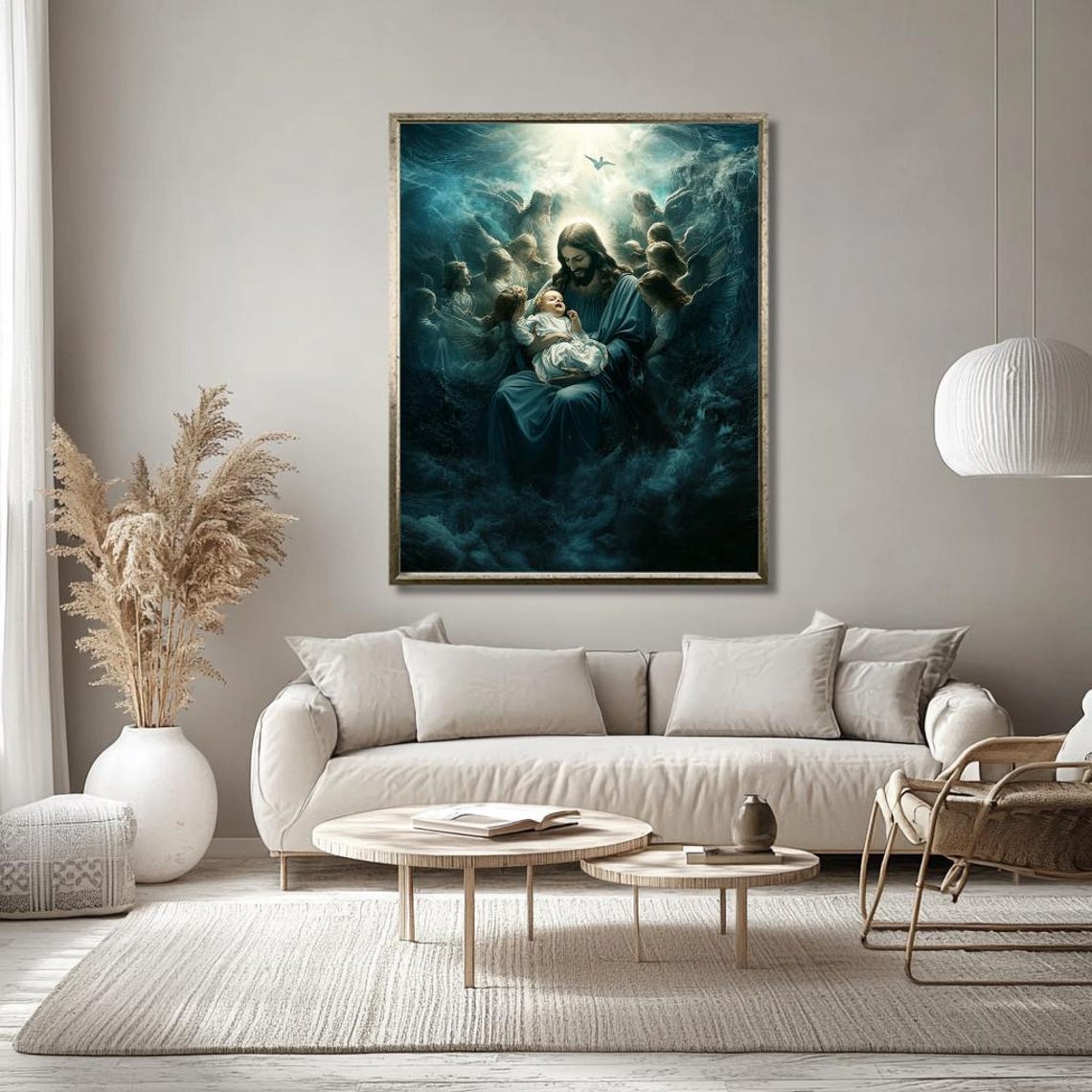 Jesus Holding a Child Surrounded by Angels in Stormy Clouds Poster - Image 3