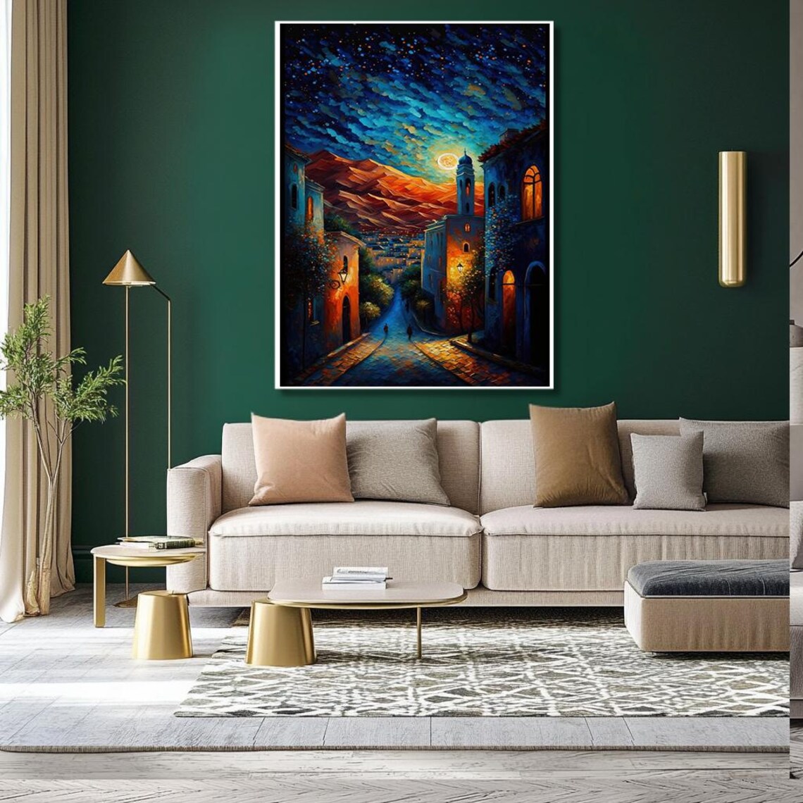 Starry Night Village Street Moonlit Impasto Painting Night Poster - Image 2