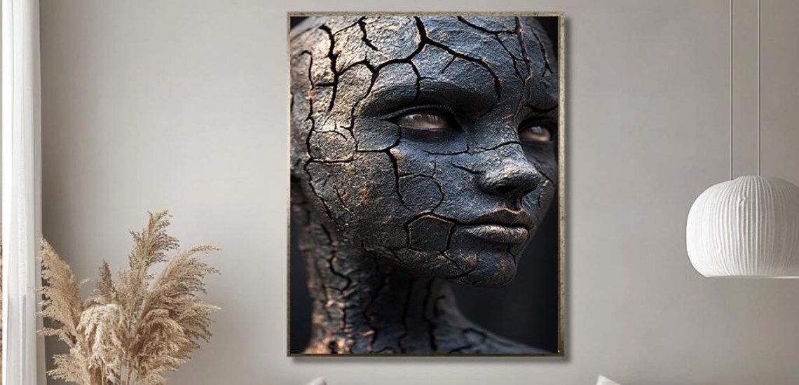 Cracked Dark Stone Face Sculpture in Moody Abstract Style Poster