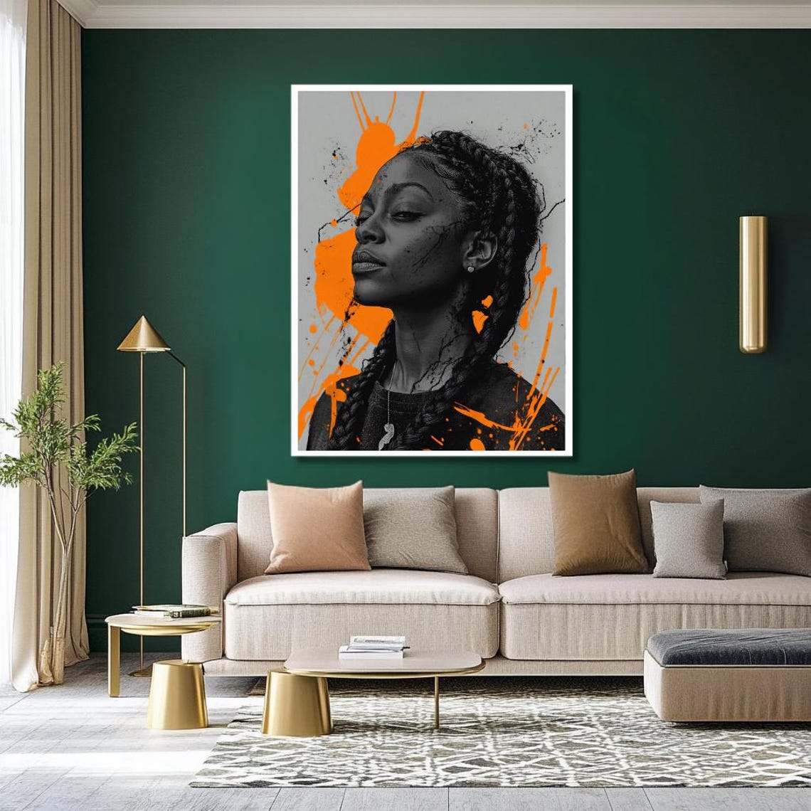 Modern Black And Orange Portrait Wall Art Bold Afrocentric Woman Illustration With Orange Paint Splatter Effect Contemporary Home - Image 2