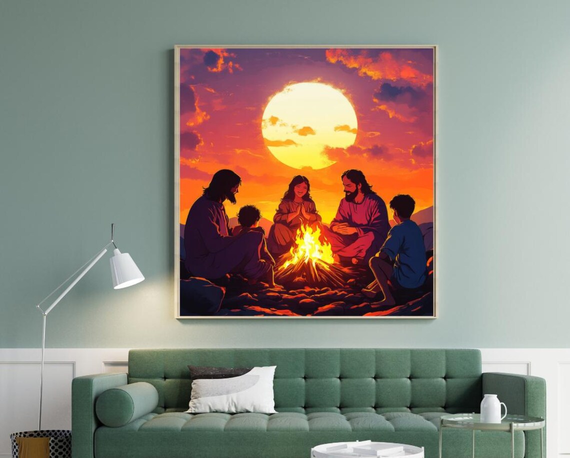 Jesus and Followers Around Campfire at Sunset Silhouette Print