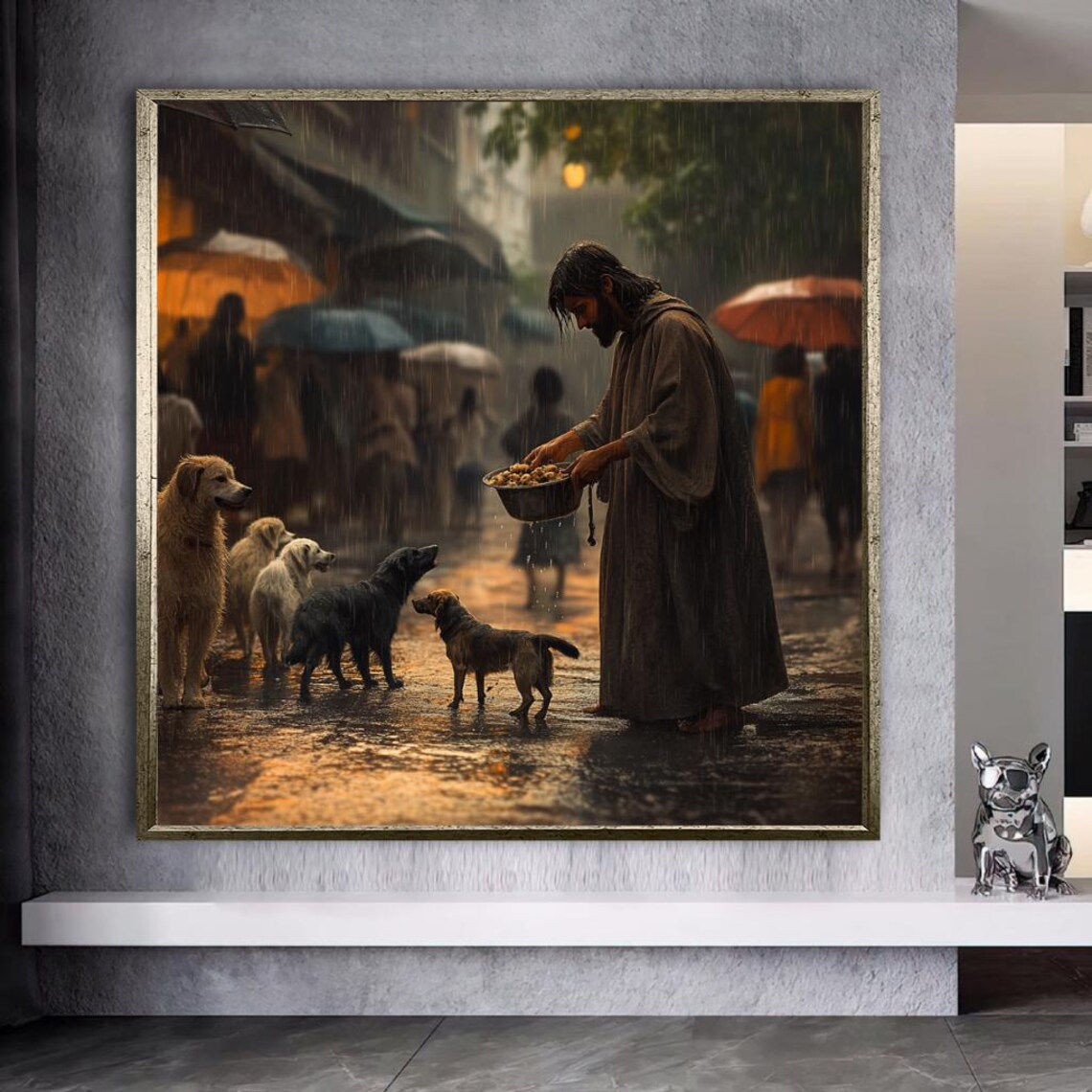 Jesus Feeding Stray Dogs in the Rain Kindness Religious Poster - Image 2
