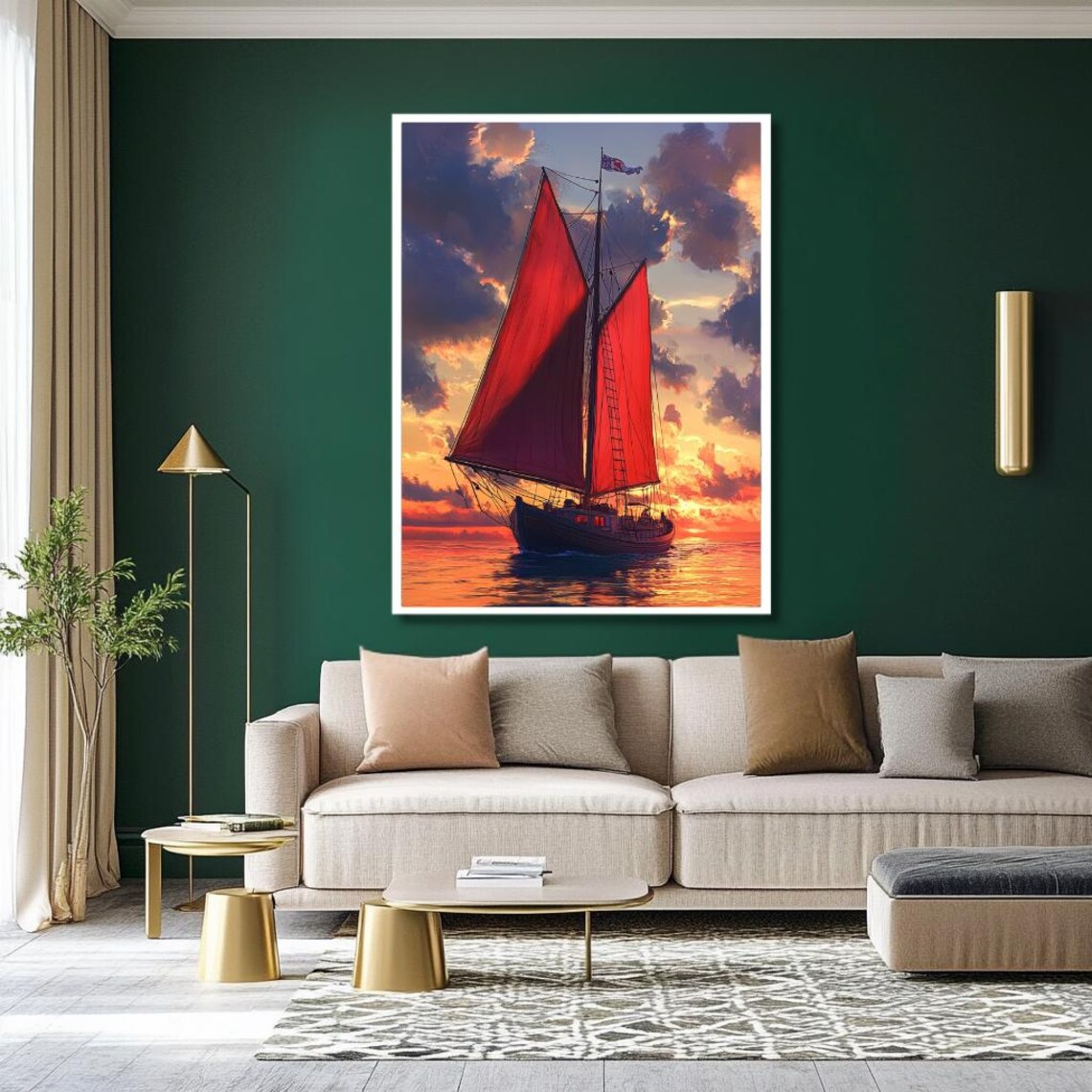 Sailing Ship With Crimson Sails On The Ocean At Fiery Sunset Poster - Image 2