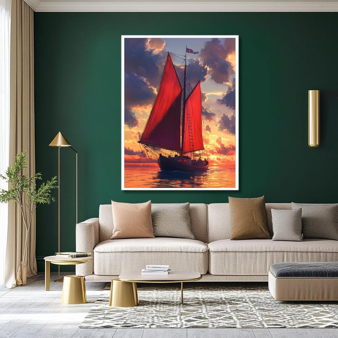 Sunset Sailboat Wall Art Majestic Red Sailed Ship On Ocean At Sunset Nautical Decor For Living Room Large Seascape Print - Image 2