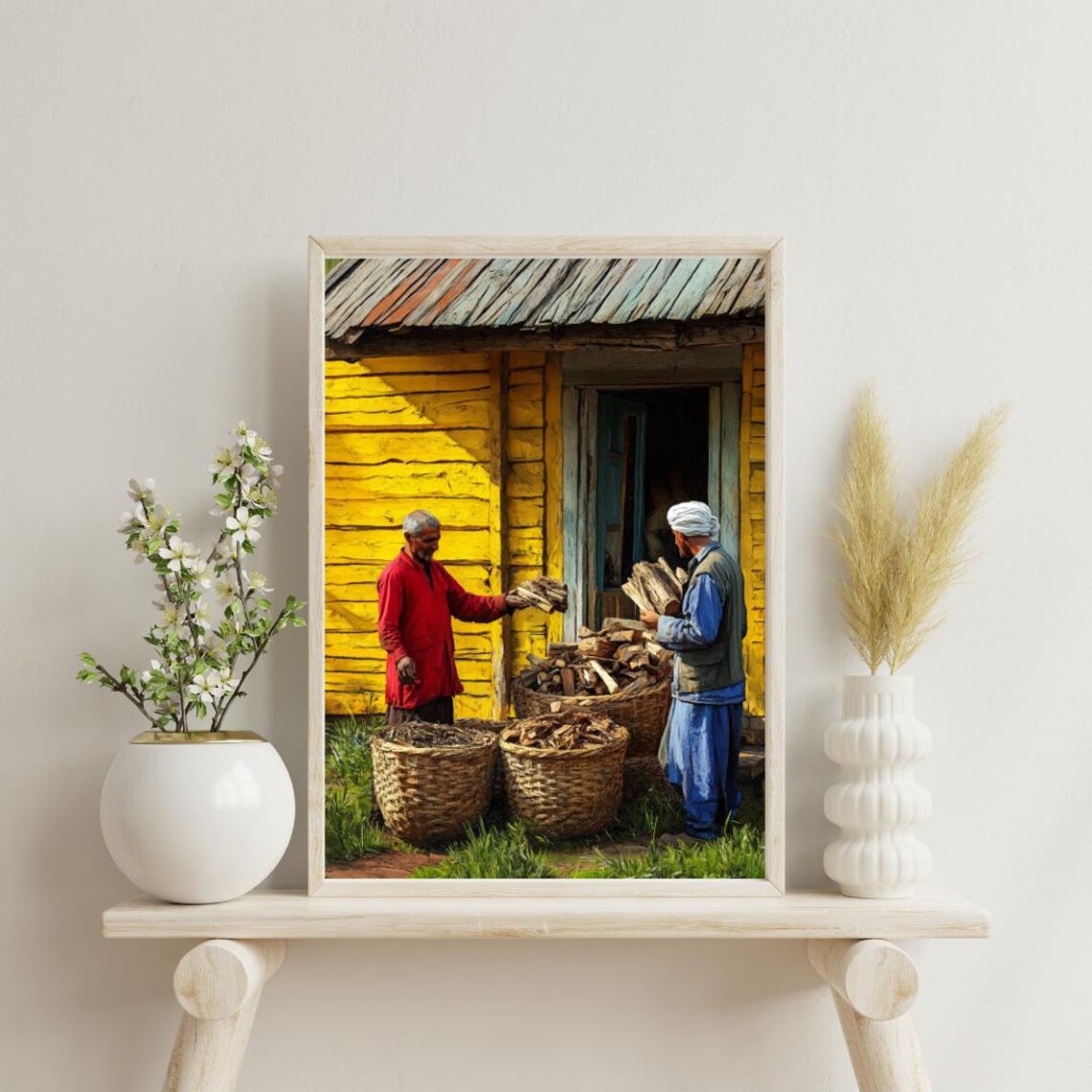 Rural Village Men Carrying Firewood by Yellow Wooden House Poster - Image 2