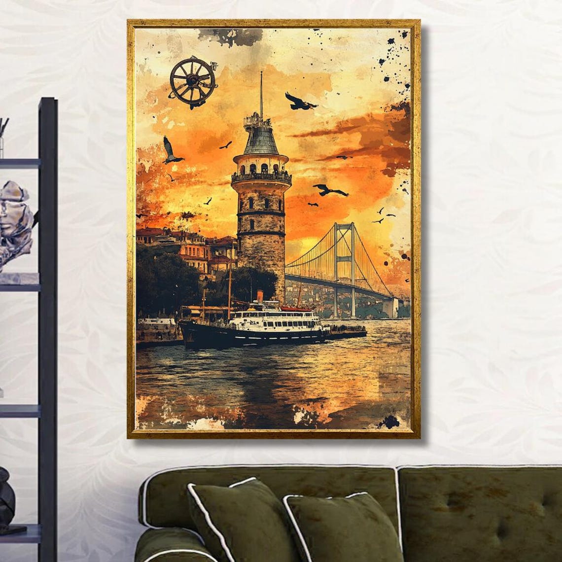 Istanbul Maidens Tower Sunset Watercolor Bosphorus Bridge Art Poster - Image 3