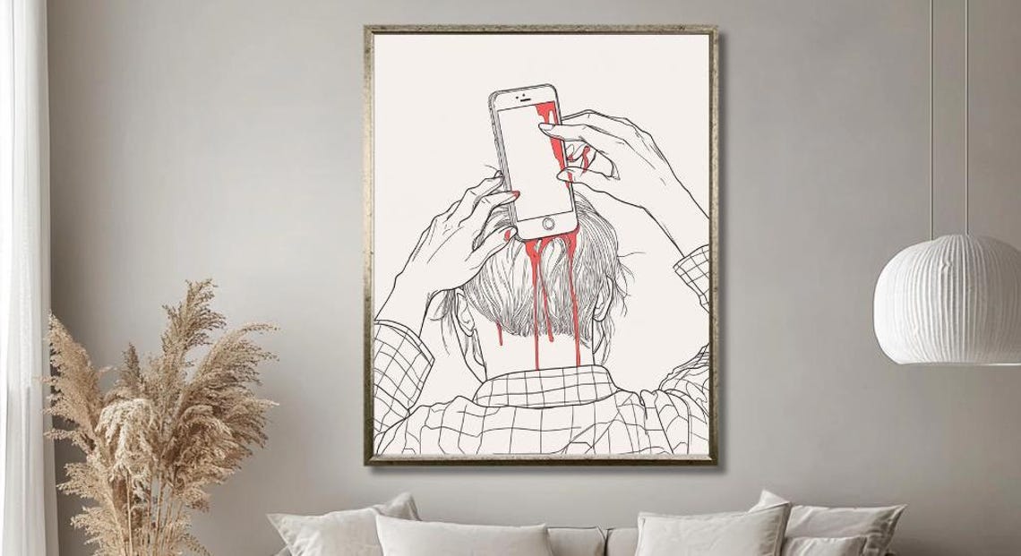 Minimalist Smartphone Addiction Line Art With Red Paint Drips Poster