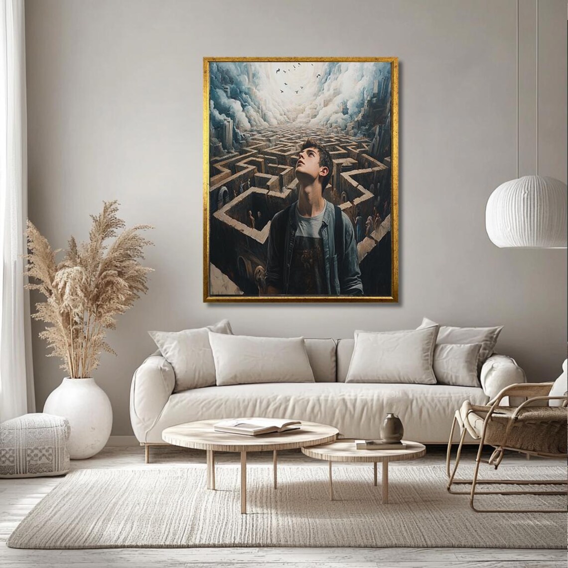 Surreal Stone Maze Labyrinth Young Man Gazing at Cloudy Sky Print - Image 3