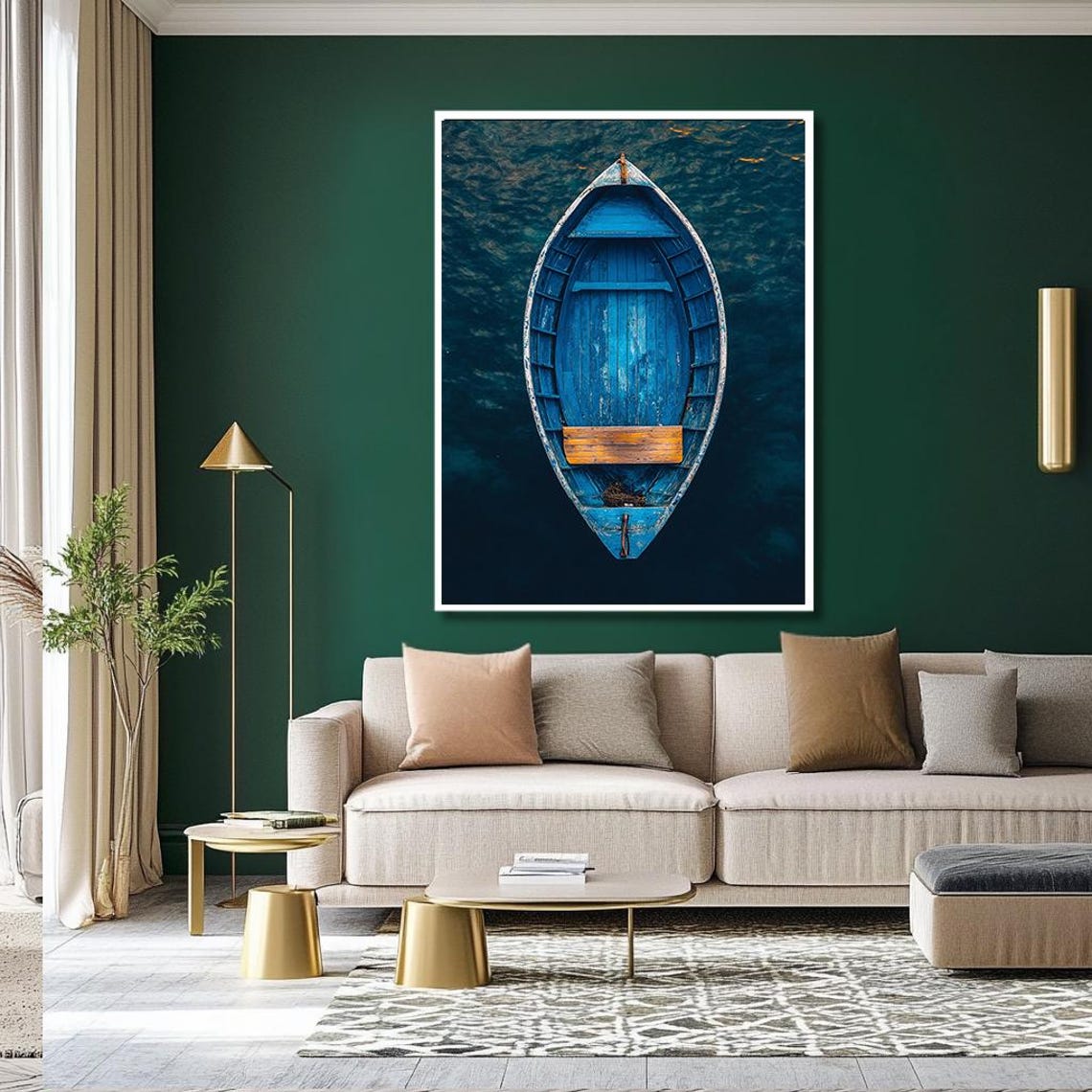 Rustic Blue Wooden Rowboat Aerial View Dark Ocean Art Poster - Image 2