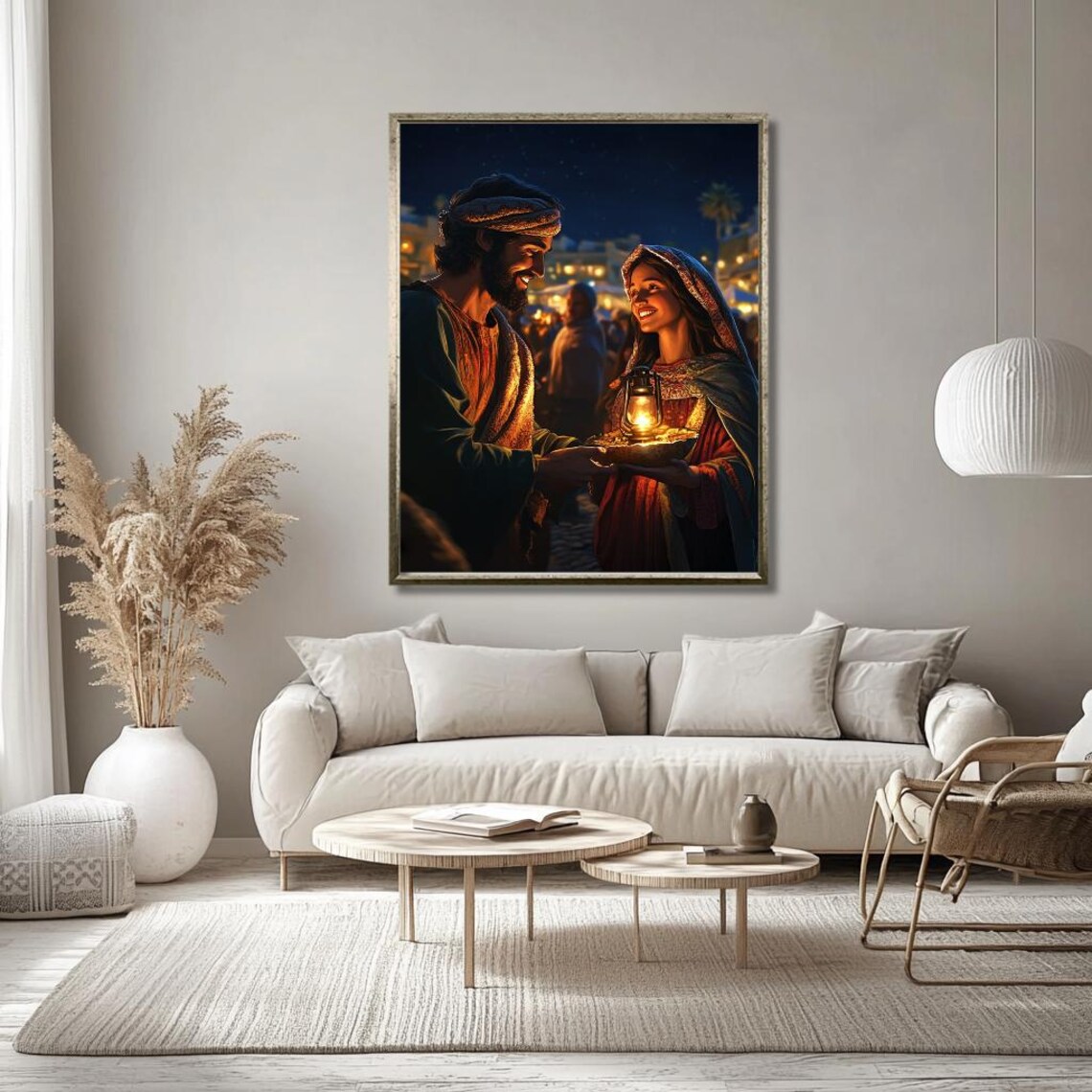 Biblical Couple Sharing a Lantern at Night Market Religious Poster - Image 3