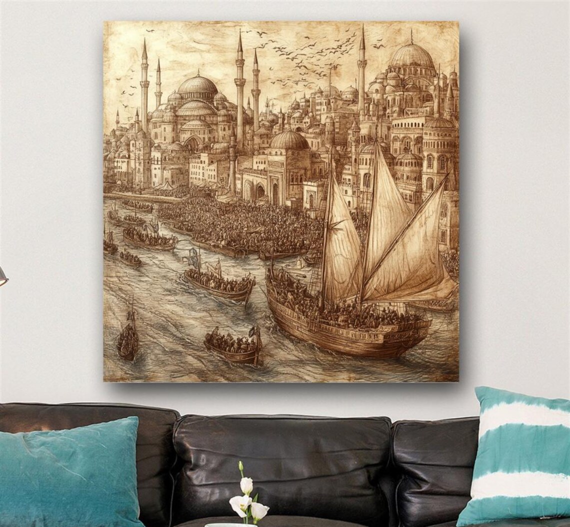 Vintage Istanbul Ottoman Harbor Sepia Sketch Seaport Scene Poster - Image 3