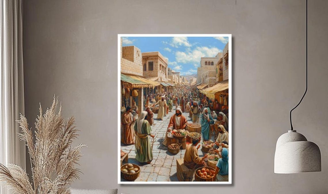 Jesus in a Bustling Ancient Marketplace Teaching Crowd Art Poster