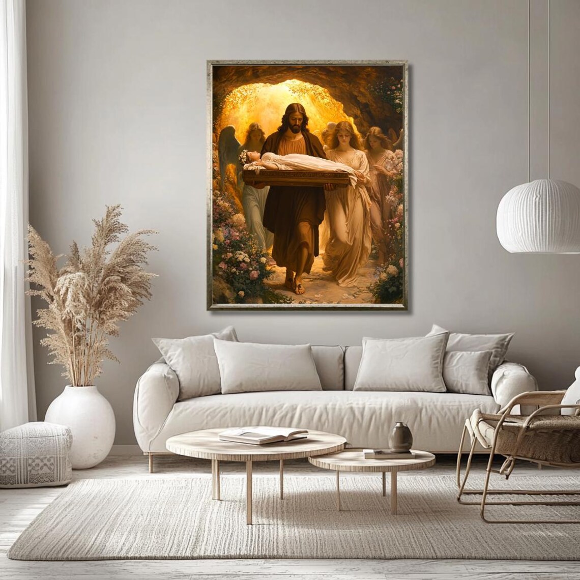 Jesus and Angels Carrying a Child Through a Garden of Light Poster