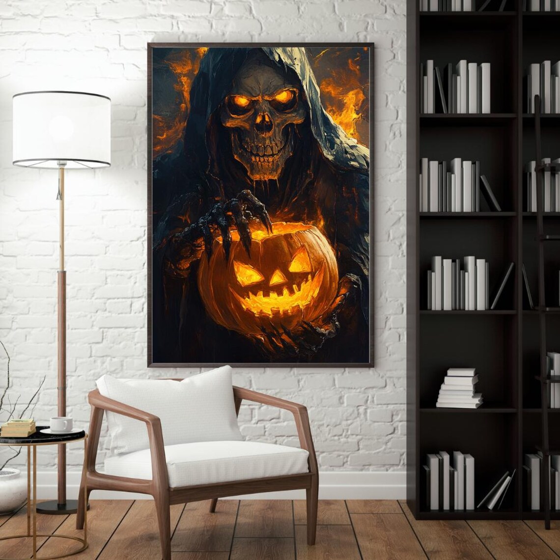 Grim Reaper Holding Glowing Jack O Lantern Dark Fantasy Poster - Image 3