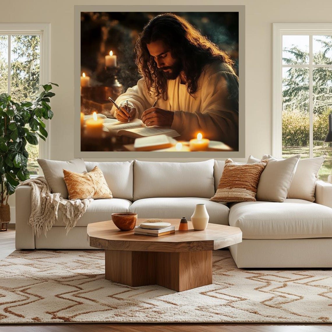 Jesus Writing by Candlelight Warm Devotional Christian Poster - Image 3