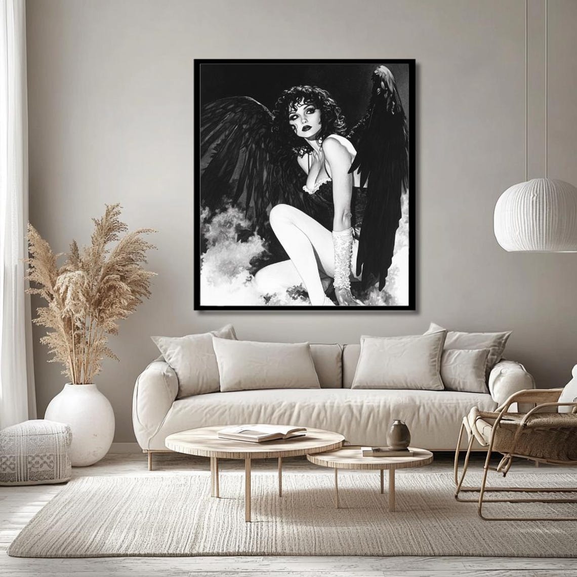 Dark Angel Wall Art Black And White Fantasy Portrait With Gothic Wings Mysterious Female Figure Art For Living Room Art - Image 2