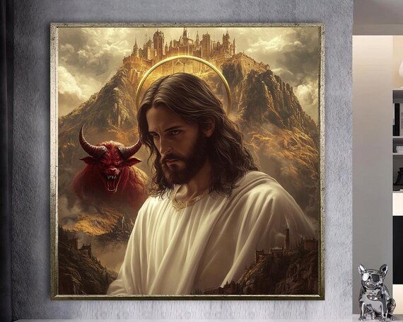 Jesus Versus Darkness Poster: Haloed Christ Facing Evil Before Golden City